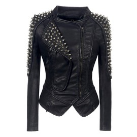 LFSS Women's Punk Rivet Motorcycle Jacket Fashion Zipper Asymmetric Studded Perfectly Shaping Faux Leather Biker Coat (2XL, Black)