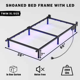 SHOANED Twin XL Size Bed Frame, 7 Inch Metal Steel Bedframe with LED & Charging Station for Box Spring and Mattress, Heavy Duty Basics Bed Base, Noise Free, Easy Assembly, Black