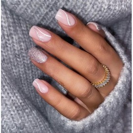 Press on Nails Short Glitter Fake Nails Acrylic Full Cover False Nails with Designs Square Line Pink Artificial Glue on Nails Stick on Nails for Women Girls Manicure Decorations 24Pcs