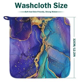 GAIIIIYOU Purple Marbling Printed Washcloths Set of 4 Golden Foil Lines Face Cloths Absorbent Coral Fleece Hanging Towel