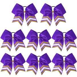 DEEKA 8PCS Large Glitter Cheer Bows Shiny 7" Cheer Hair Bows Ponytail Holder Handmade for Cheerleader Girls Softball Sports -Purple/g Gold