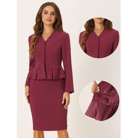 Allegra K Business 2 Piece Suit Set for Women's Long Sleeve Collarless Peplum Blazer Pencil Skirts Dark Red S