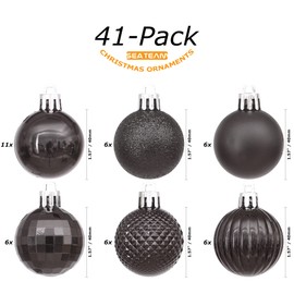 Sea Team 41-Pack Christmas Ball Ornaments with Strings, 40mm/1.57" Small Size Baubles, Shatterproof Plastic Christmas Bulbs, Hanging Decorations for Xmas Tree, Holiday, Wedding, Party, Black