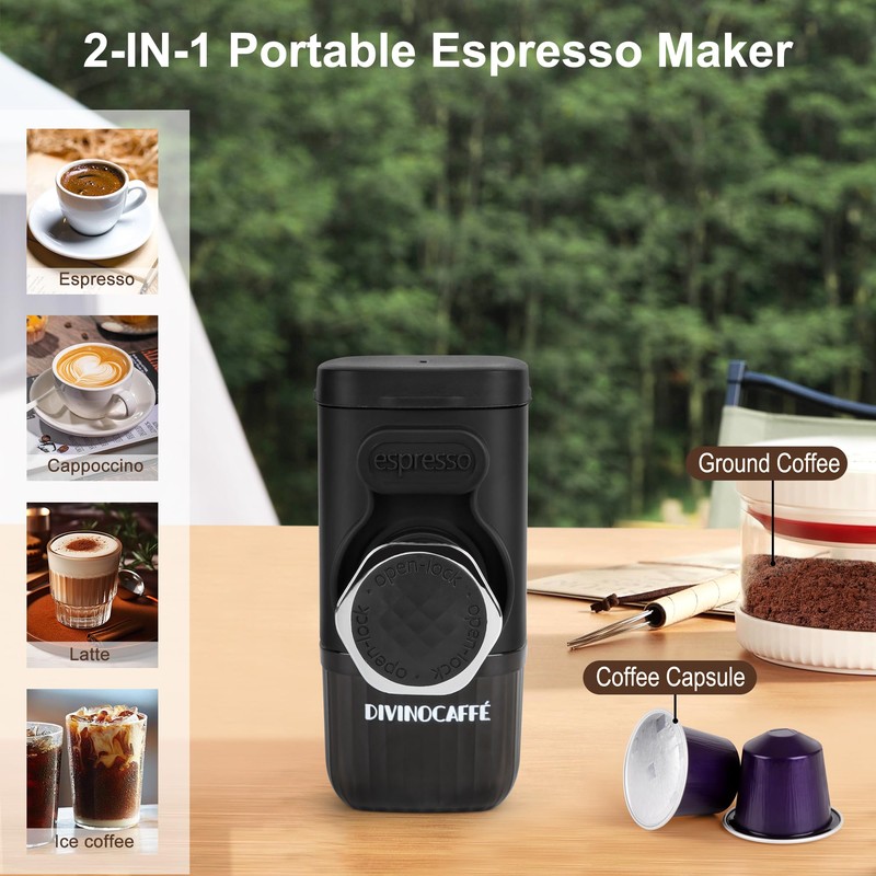 DIVINOCAFFÉ Mini Espresso Machine, Portable Espresso Maker Compatible for Capsules