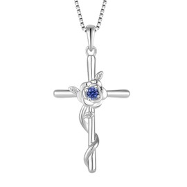 Rocayi Cross Necklace for Women 925 Sterling Silver December Birthstone Tanzanite Necklace Rose Flower Pendent Crucifix Faith Religion Jewelry Gifts for Women Wife Mother Daughter Her