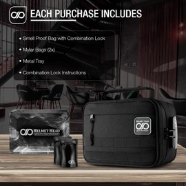 HELMET HEAD Smell Proof Bag with Combo Lock. Smell Proof Case Includes Water Repellent Military Spec Fabric, Premium Zippers, Metal Tray and Mylar Travel Bags (Black)