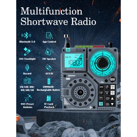 Jazmm Portable Shortwave Radio with 5W Bass Sound, AIR/AM/FM/VHF/SW/WB Worldband Radio with Bluetooth and APP Control, 2000mAh Rechargeable Battery with 9.85 Ft Wire Antenna,Flashlight,Recording