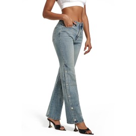 ETTELO Womens Jeans Hig Waisted Straight Leg Loose Stretchy Tummy Control Trendy Side Slit Jeans for Women 2025