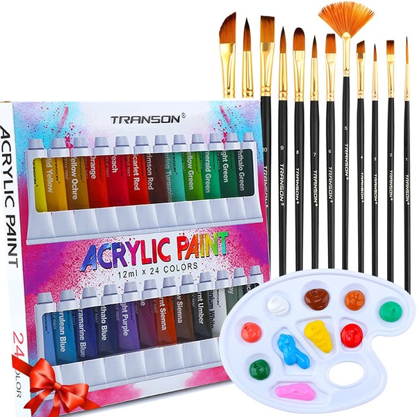 TRANSON Acrylic Paint Set 24-color with 12 Paint Brushes and
