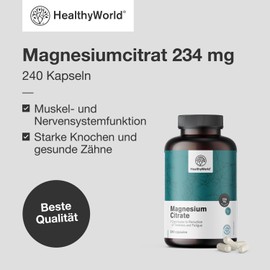 HealthyWorld® Magnesium Citrate 234 mg - 240 Vegetable Capsules - For More Than 7 Months - 480 mg Magnesium Citrate and 270 mg Magnesium Oxide - To Support Muscle and Increase Energy