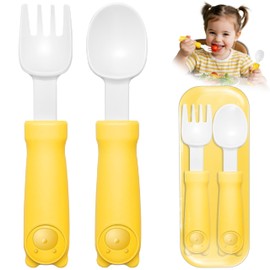 Toddler Utensils 2 Year Old, Dishwasher-Safe Toddler Forks and Spoons, Kids Utensils with Thick and Easy - adjustable - length Grip Handle for Self - Feeding- Yellow