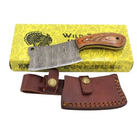 Wild Turkey Handmade Damascus Steel Collection 7" Fixed Blade Chef Cleaver Hatchet w/Leather Sheath (Brown Wood)