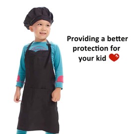 Hi loyaya 6 Pack Black Kids Apron and Chef Hat, Adjustable Painting Aprons Sets with Pockets For Kids Children Girl Boy Cooking Baking (Black, M)