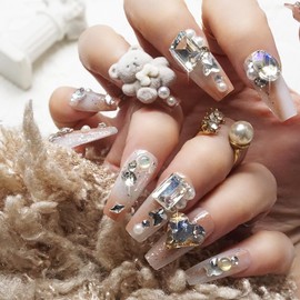 XUZOO 24 Pcs Nail Tips, Fake Nails, Short, Long, Cute, Fashionable, Popular, Plain, Simple, Nail Stickers, False Nail Tool, Double-Sided Tape Included (Plush Bear-chan)