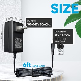 UL Listed 12V 2A 6ft AC Adapter, AC 100-240V to DC 12V 2000mA 1500mA 1000mA 500mA Power Supply Adapter for LED Strip Light, CCTV Camera, BT Speaker, GPS, Webcam, Router, DC 12V Transformer