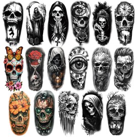 Skull Temporary Tattoos for Adults, 77 Sheets Skeleton Gothic Grim Reaper Fake Tattoos for Men and Women, Black Large Tattoo Stickers for Body Makeup