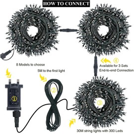 Fairy Lights, 30M 300LEDs Outdoor Christmas Lights Plug in, Waterproof String Light with 8 Modes for Xmas Tree/Party/Garden/Wedding Indoor/Outdoor Garden Decorations (Warm Light)