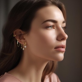 Liliaafar 29 Pcs Gold Hoop Earring Stack for Women 14k Gold Plated Huggie Stud Hoop Hypoallergenic Cartilage Earring Set Bow Pearl Star Butterfly Heart Diamond Chain Decor for Multiple Piercing 9 Pair