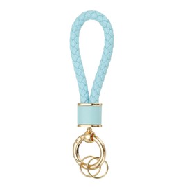 sourcing map 1 Pack Braided Leather Keychain, Keychain Ring Woven Strap Lanyard Strap with 360 Degree Rotatable for Car Key Bag Wallet, Gold/Original Light Blue