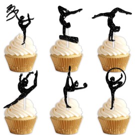 18 piezas de decoración de postre, diseño de silueta de purpurina negra para gimnasia, decoración temática deportiva para mujeres y niñas, feliz cumpleaños, despedidas de soltero y niñas