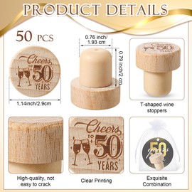 Barydat 50 Sets 50th Birthday Party Favors Wine Bottle Corks Wooden Wine Stopper 50th Anniversary Cheers to 50 Years Thank You Cards Labels Organza Bags Thank You Gifts 50th Birthday Gifts for Guest
