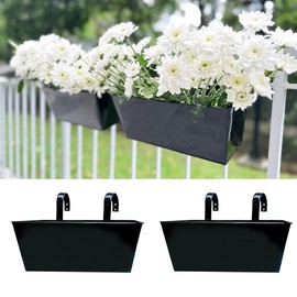 LaLaGreen Rail Hanging Planter (2 Pack, 14 Inch) Large Black Metal Rectangle Plants Holder Outdoor Balcony Railing Fence Porch Strawberry Window Flower Box for Artificial Plant Decoration Home Decors