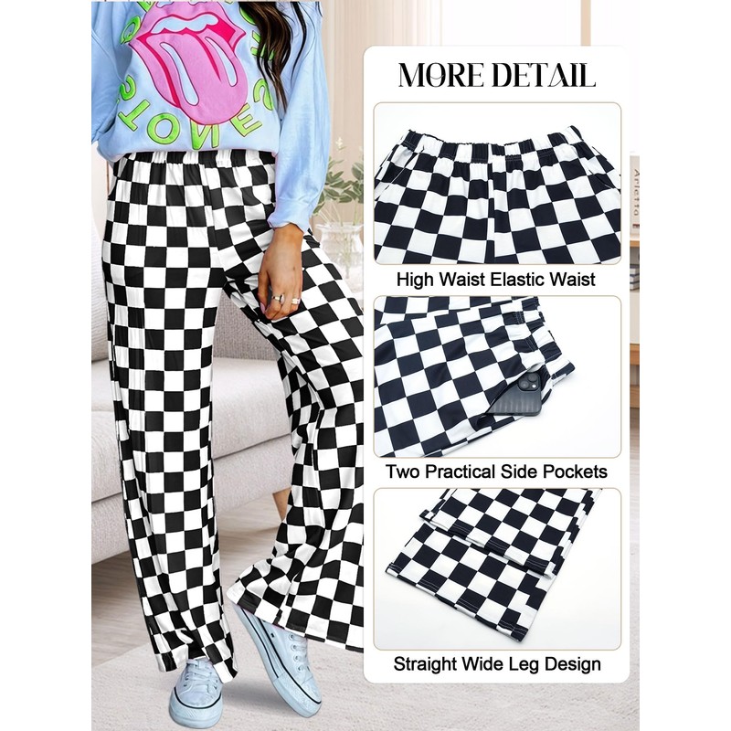 IYOWEL Womens Checkered Pants Y2K Pajama Pants Elastic Waist Wide
