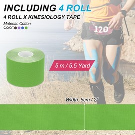 PATIKIL 5.5 Yard x 2 Inch Kinesiology Tape, 4 Roll Adhesive Cotton Sports Muscle Support Tapes Waterproof Elastic Tape for Knee Ankle Wrist Shoulder, Green/Blue/Purple/Coffee