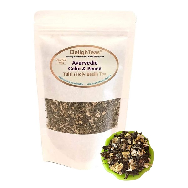 Ayurvedic Calm & Peace Tulsi (Holy Basil) tea - Brings clarity and stress relief - Organic Loose Leaf Tulsi, Ashwagandha and Licorice Tea (3 oz.)