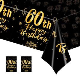 COSORO 2pcs Black Gold 60th Table Cloth,Happy 60th Birthday Tablecloth for Men Women 60th Birthday Table Decoration,137 * 274cm Plastic Tablecloths Table Cover 60th Birthday Decorations for Him Her