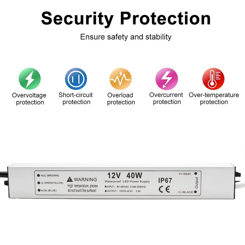 40W 12 Volt LED Power Supply, Waterproof IP67 LED Driver,