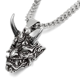 Japanese Oni Pendant with Necklace Made of 316L Stainless Steel Silver Demon Mask Devil with Golden Horns Men's Jewellery Gift, Stainless Steel