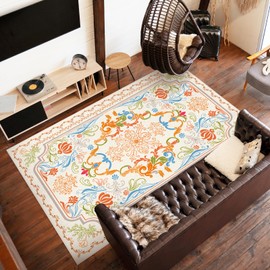 Rugs for Living Room Washable Large Area Rug 5x7 Persian Floral Throw Rugs with Rubber Backing Non Slip Low Pile Carpet for Living Room Bedroom Dining Room Kids Playroom