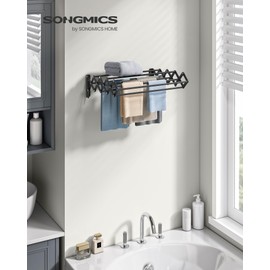 SONGMICS Clothes Drying Rack, Wall-Mounted Drying Rack Clothing, Small Accordion Laundry Rack, 9 Staggered Hanging Rods, Expandable and Retractable, Ink Black ULLR802B01