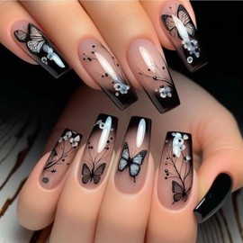 MERVF Coffin Press on Nails Long Fake Nails Black Ombre French Tip Glue ons Nail Butterfly Design Acrylic Gothic Ballerina Supplies DIY Manicure Glossy 24pcs