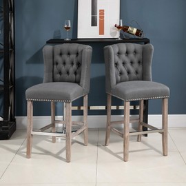 HOMCOM 2 Pack Counter Height Nailhead-Trim Barstools with Tufted Back, Solid Wood Legs, and Footrest, 41" H, Deep Grey