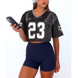 Women Jersey Shirts Cropped Graphic Tees Cute Y2k Crop Top Football Shirts Streetwear Black M