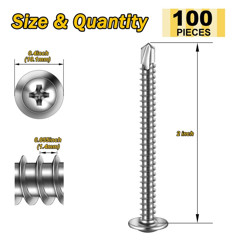 Mywish 100pcs #8×2" Self Tapping Screws for Metal, Sheet Metal