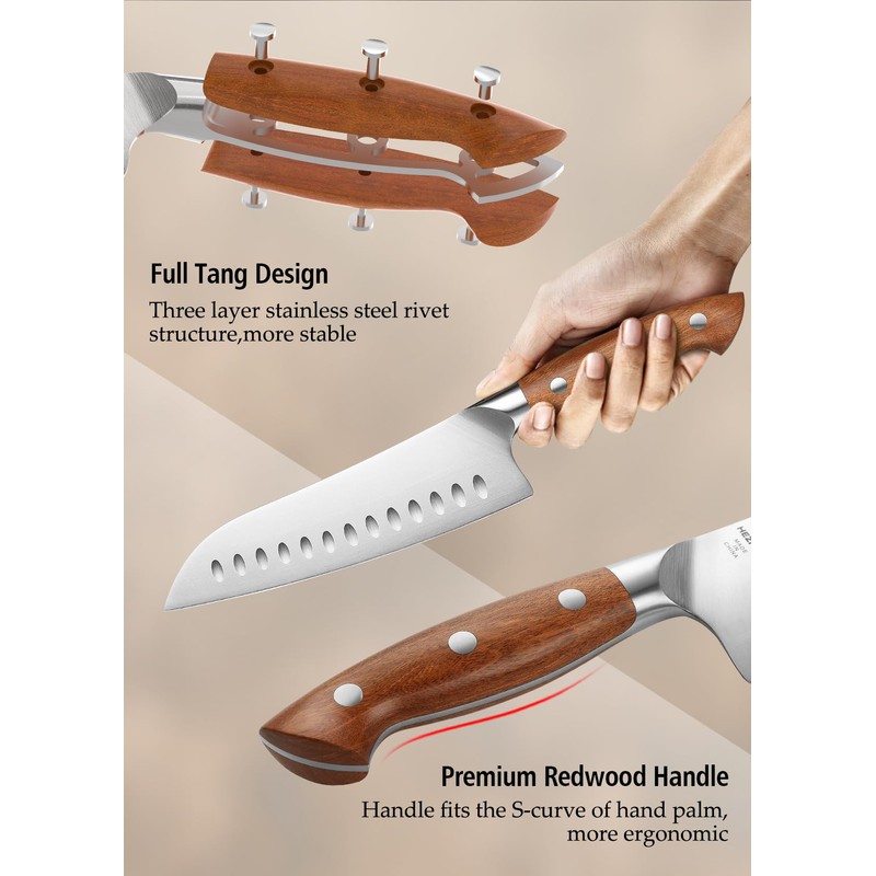 HEZHEN Santoku Chef Knife-7.3 inch Blade German DIN 1.4116 Stainless
