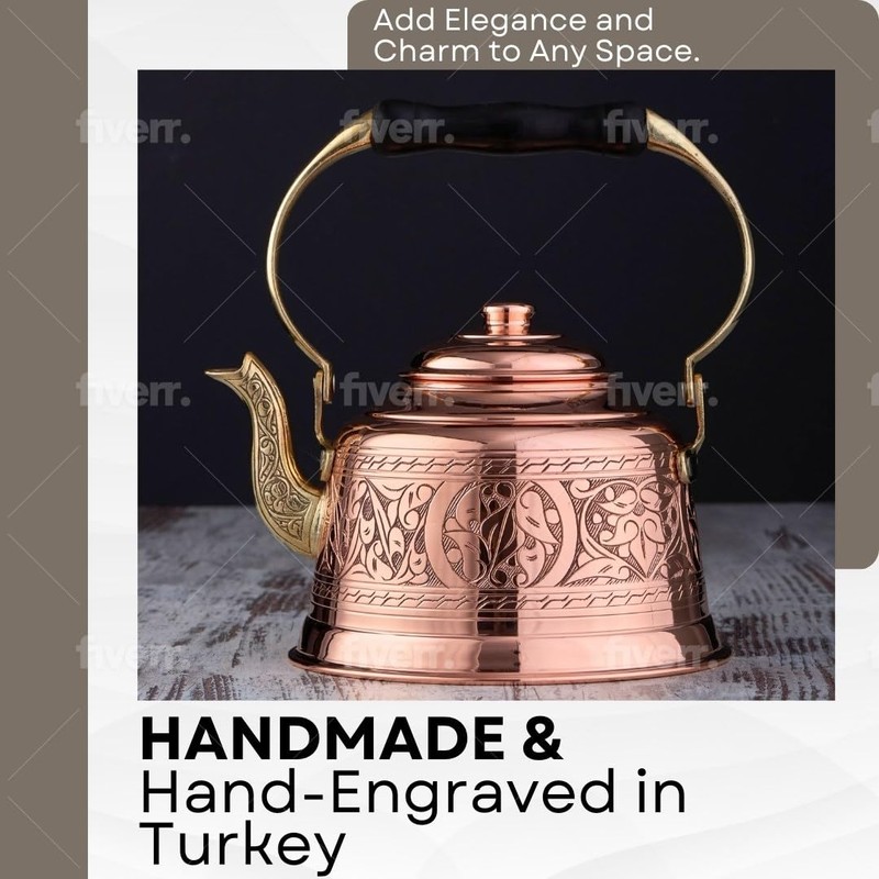DEMMEX Heavy Gauge 1mm Thick Engraved Solid Copper Tea Pot