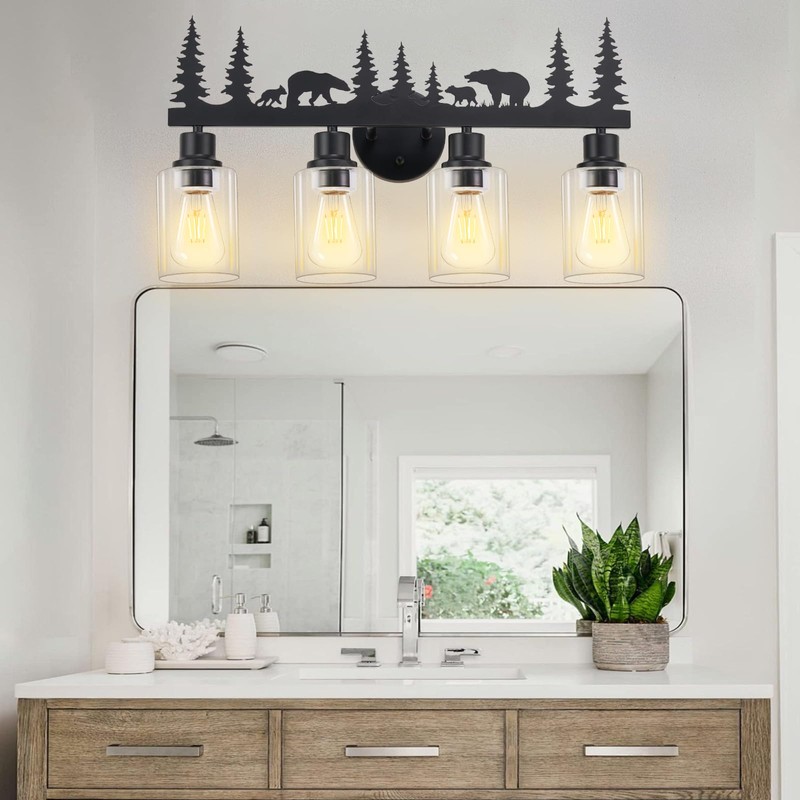 Monyohame Farmhouse Rustic Bear Bathroom Light Fixtures, 4-Light Black Vanity