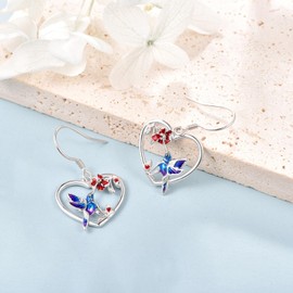 KINGWHYTE Hummingbird Earrings 925 Sterling Silver Heart Earrings Hummingbird Flower Dangle Earrings Cute Animal Jewellry Birthday Christmas Gifts for Women Girls