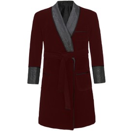 Apornipal Men's Long Velvet Smoking Jacket with Belt Shawl Lapel Smoking Robe Quilted Dressing Gown (Wine Red,42R)