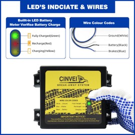 CINVEI Trailer Brakes Breakaway Kit with Charger, Side Load Break-Away Controller System with Switch and LED Indicator, Built-in 12V 5AH Lead-Acid Battery, Suitable for Trailer Caravans