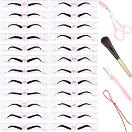 29 Piece Eyebrow Stencil Set Contains 24 Pieces Reusable Eyebrow Stencil with Straps Razor Apparatus Eyebrow Trimmer Scissors, Makeup Brush and Storage Box