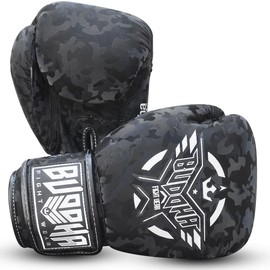 BUDDHA FIGHT WEAR Thailand Boxing Gloves - Muay Thai - Kick Boxing - Faux Leather Inner Fabric Odour Resistant - Various Designs (Army Black, 12 oz)