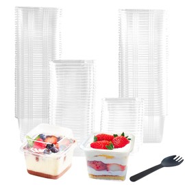 100 Pack 8OZ 50Pcs Plastic Square Dessert Cups with Lids and 50PCS Spoons,Square Ice Cream Container with Forks, Disposable Parfait Cups for Mousse Cupcake Pudding Snacks Yogurt Parfait Fruits