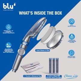 Blu Ionic Shower Filter - Skin & Haircare - Removes Chlorine & Harmful Pollutants - Prevent Hair Loss & Moisturize Your Skin (Handheld)