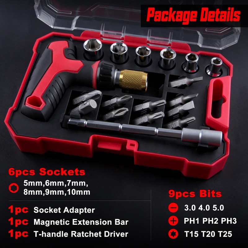 LEONTOOL T-Handle Ratchet Wrench Screwdriver Set of 18 T-Handle Ratchet