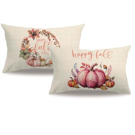 Fall Decorative Lumbar Throw Pillow Covers，Autumn Pumpkin with Wreath Design 12x20 Inch Cushion Cases 2Pack Happy Fall Harvest Farmhouse Home Decor Pillowcases for Autumn Thanksgiving (Pink)